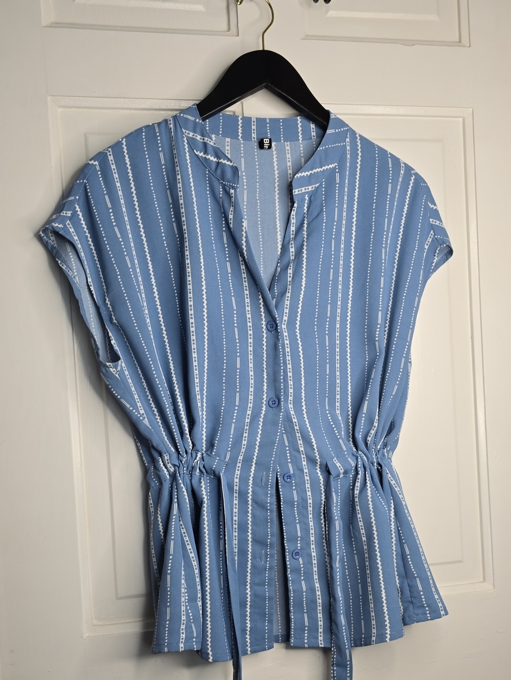 Blue Striped Button-Front Drawstring Waist Shirt